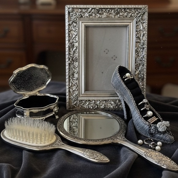 Vintage Silver Vanity Set Ornate Mirror, Brush, Trinket Box with Victorian Charm - Picture 3 of 16